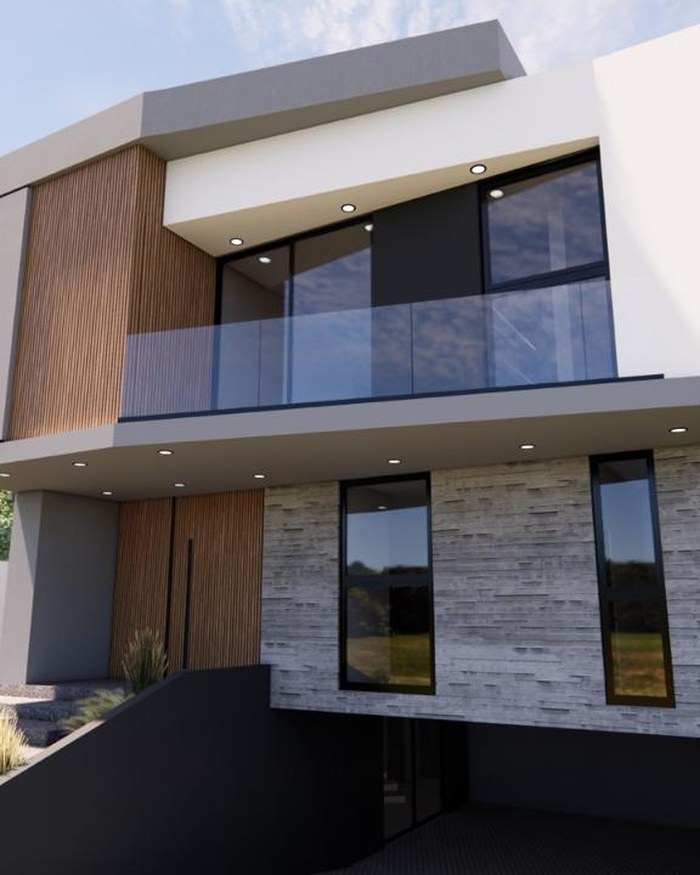 Visualización de una residencia de dos niveles con madera, piedra y cristal